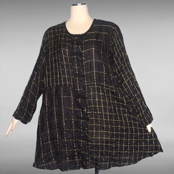 URU Black and Gold Silk Tunic Top Dress Button Front Lightweight Long Sleeves XL - Picture 1 of 11